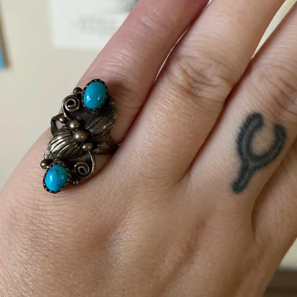 Vintage Sterling Silver Faux Turquoise Double Stone Boho Ring